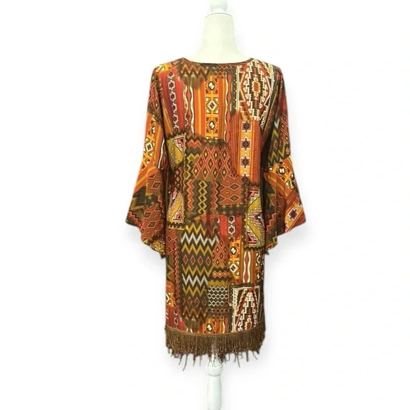 Uncle Frank Aztec Print Bell Sleeve Fringe Boho Style Dress Size Medium - Picture 11 of 12